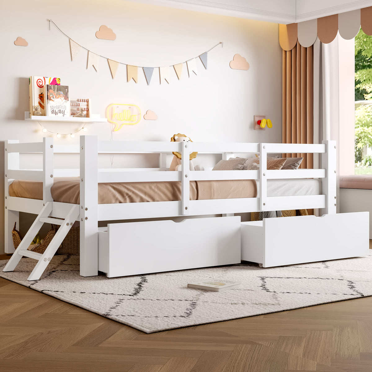 Wooden Platform Bed 90x200cm with Safety Railing & 2 Drawers, White