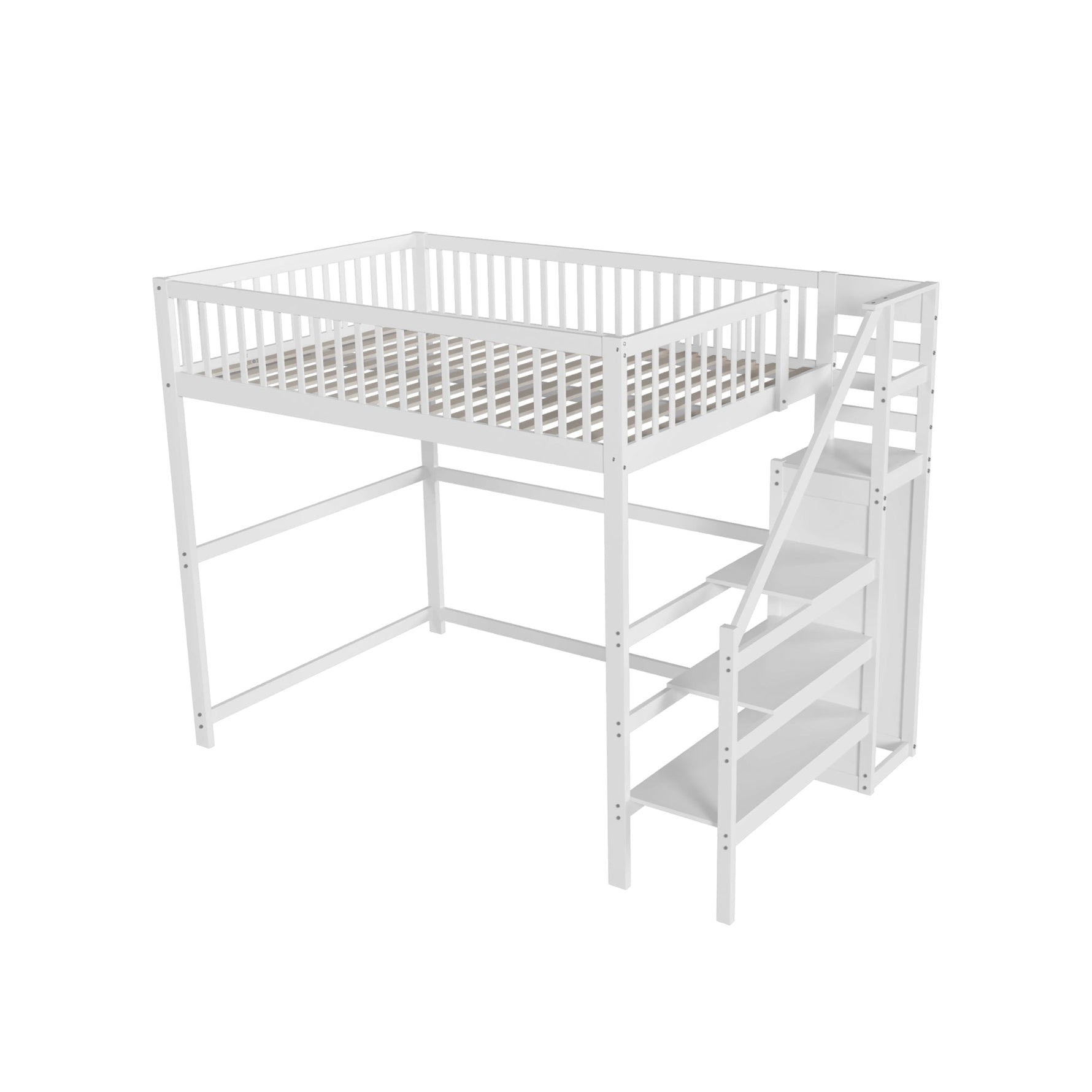 Loft Bed, 140x200 with Stairs, Storage, Wardrobe, White Wood