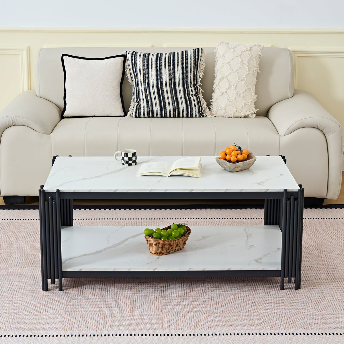 Rectangular Coffee Table Modern Marble-Effect Top Metal Legs White and Black