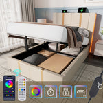 Upholstered Bed, USB-C LED Single with Storage, Beige Linen