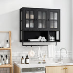 Bathroom Wall Cabinet 3-Door Wooden Glass Door Towel Bar, Black