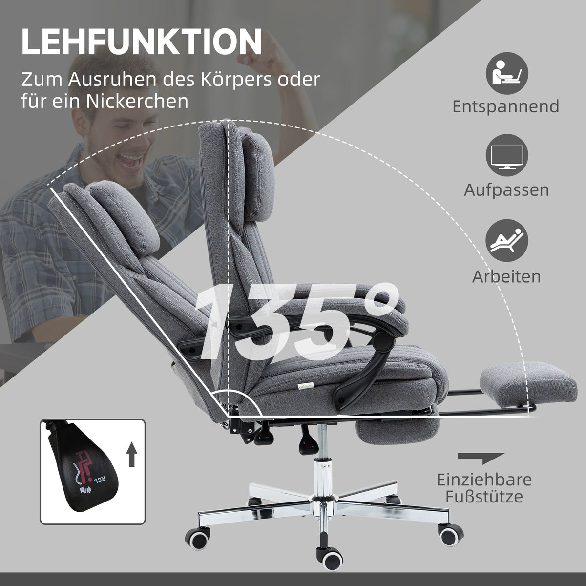 Office Chair Massage Modes Reclining Height Adjustable Footrest, Grey Linen Look