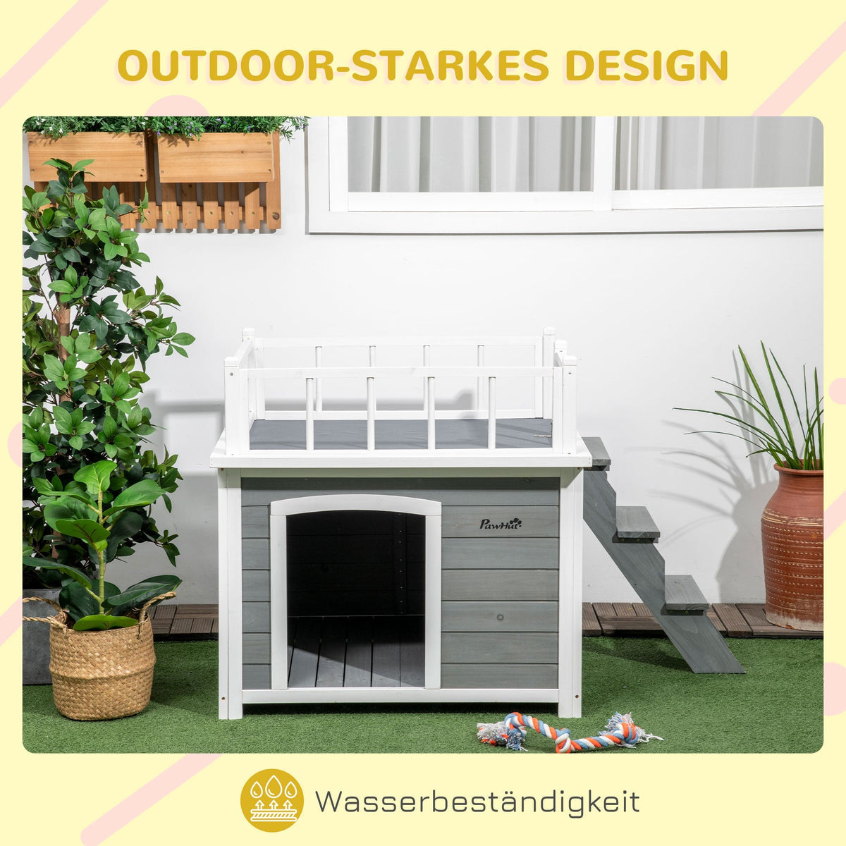Dog House with Balcony, Stairs, Raised Window, Fir Wood