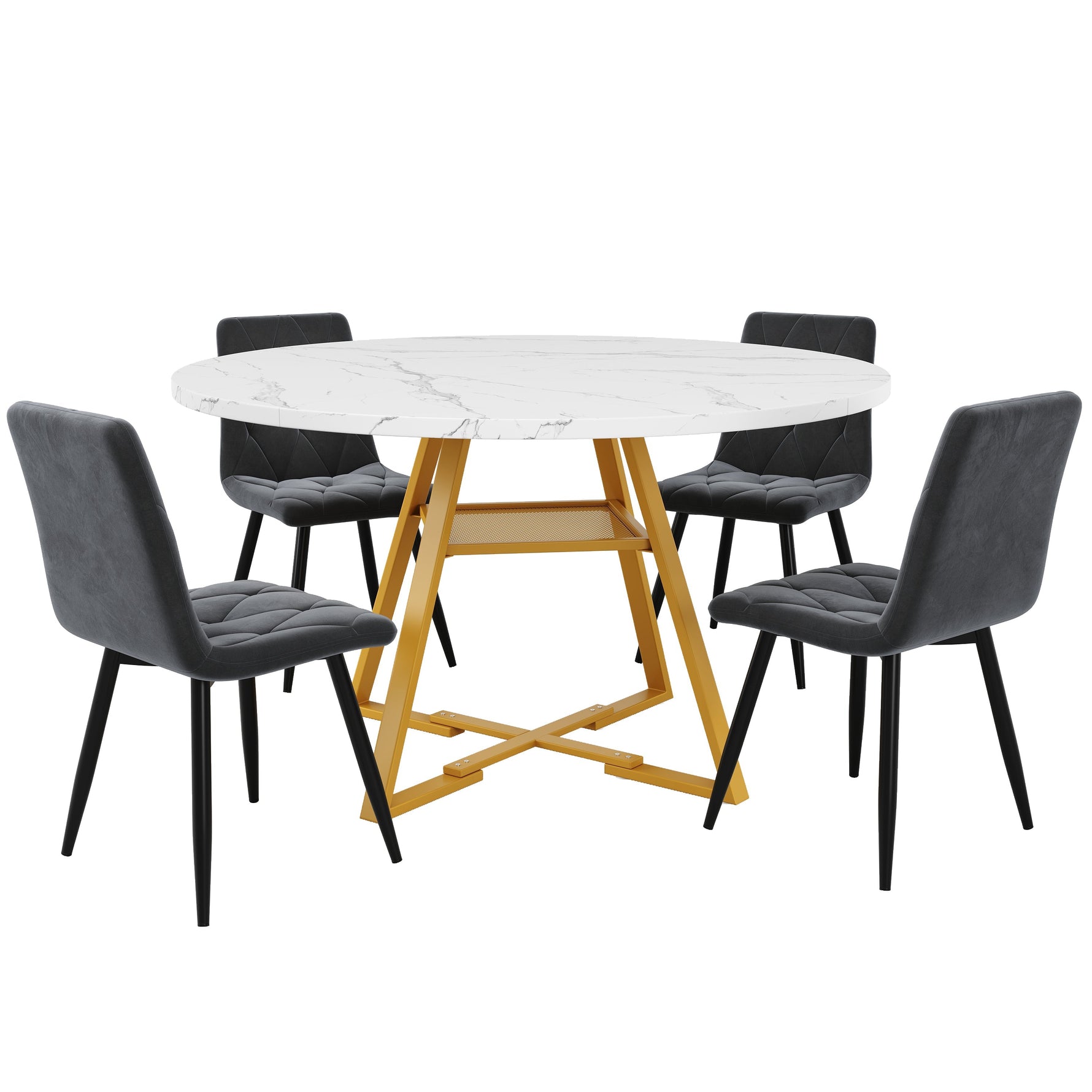 Round Dining Table Metal Legs Marble Look - Black/White