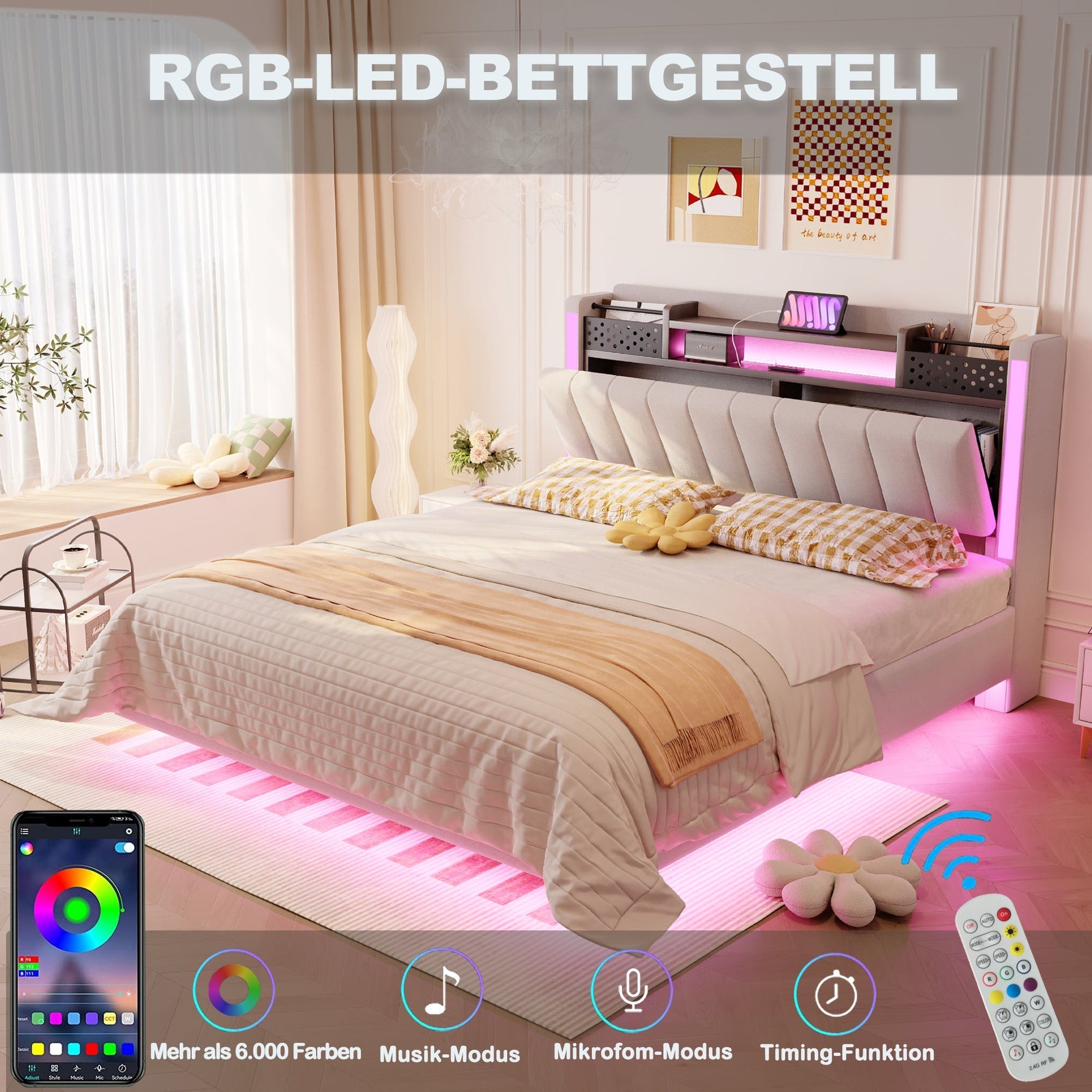 Upholstered Bed 140*200, LED, USB, Storage Headboard, Floating Design, Linen Beige