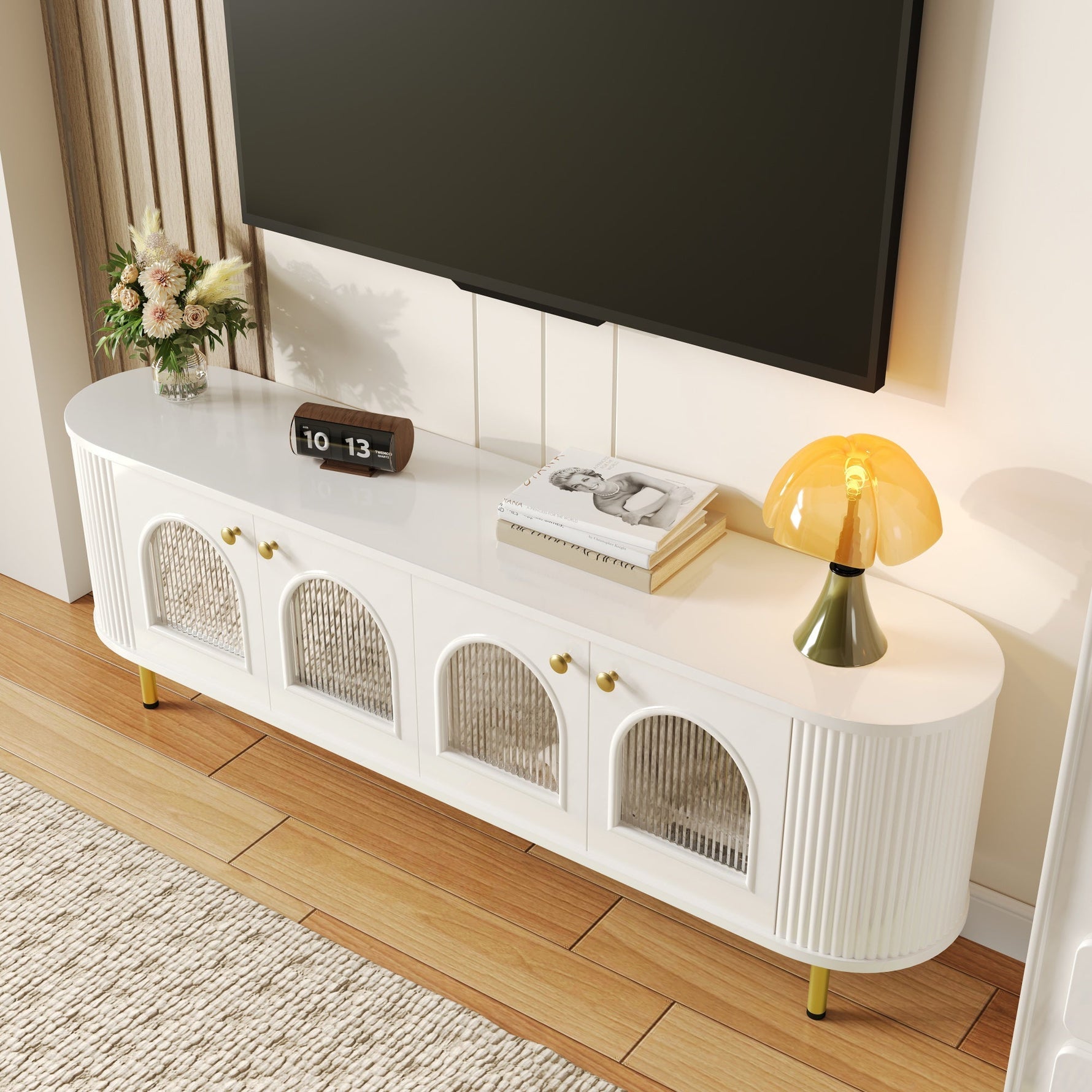 TV Cabinet Lowboard Glass Doors Storage Gold Handles/Legs