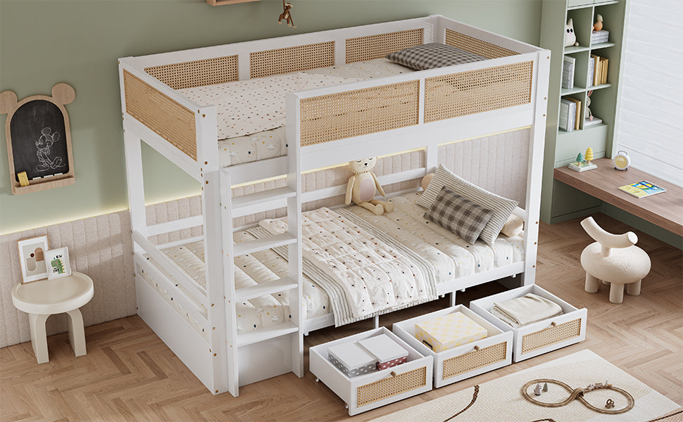 Children's Bunk Bed with 3 Drawers & Rattan Railing, White Pine Wood
