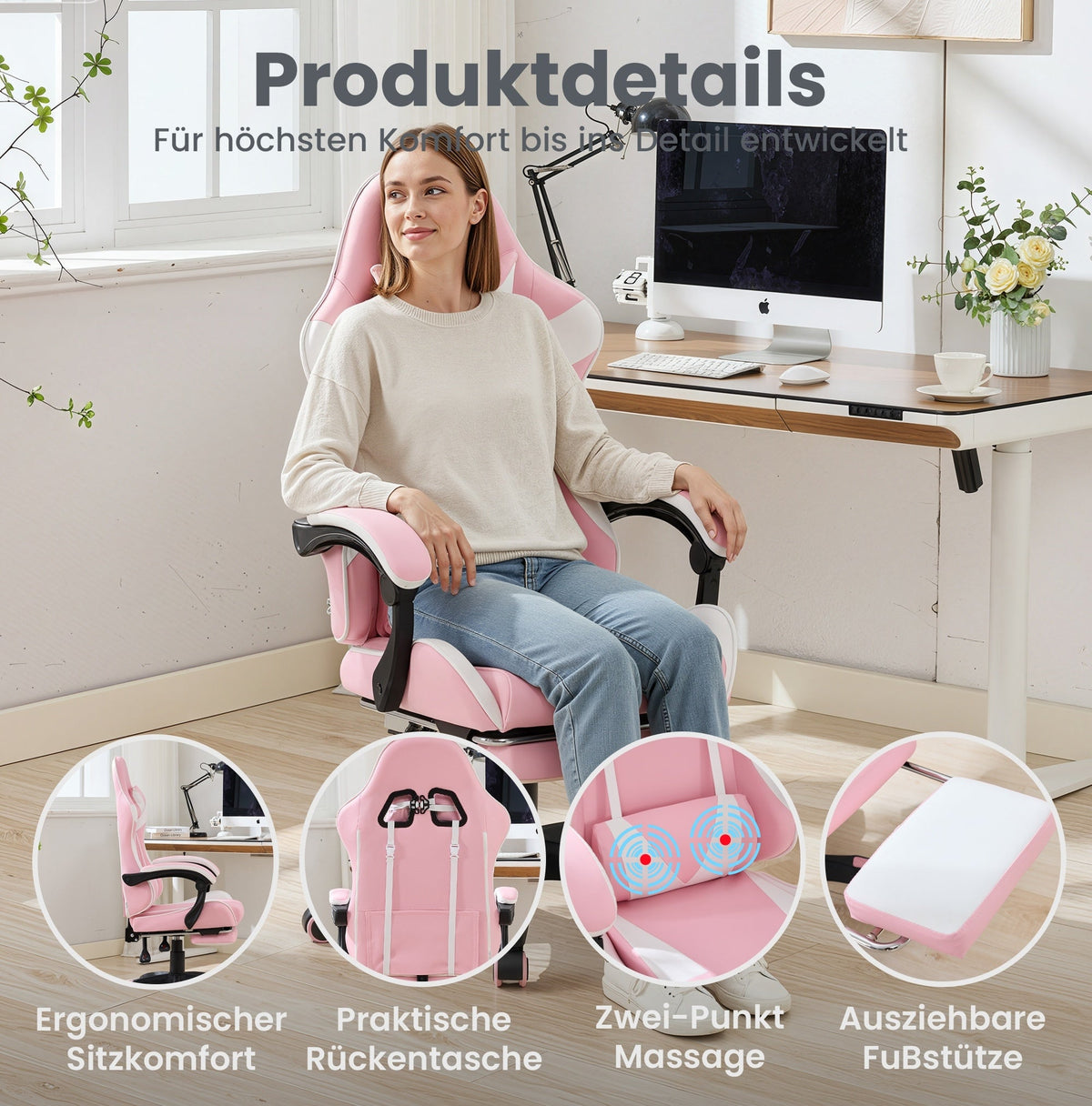 Gaming Chair Ergonomic Racing High-Back Swivel with Footrest & Lumbar Support Leather White & Pink
