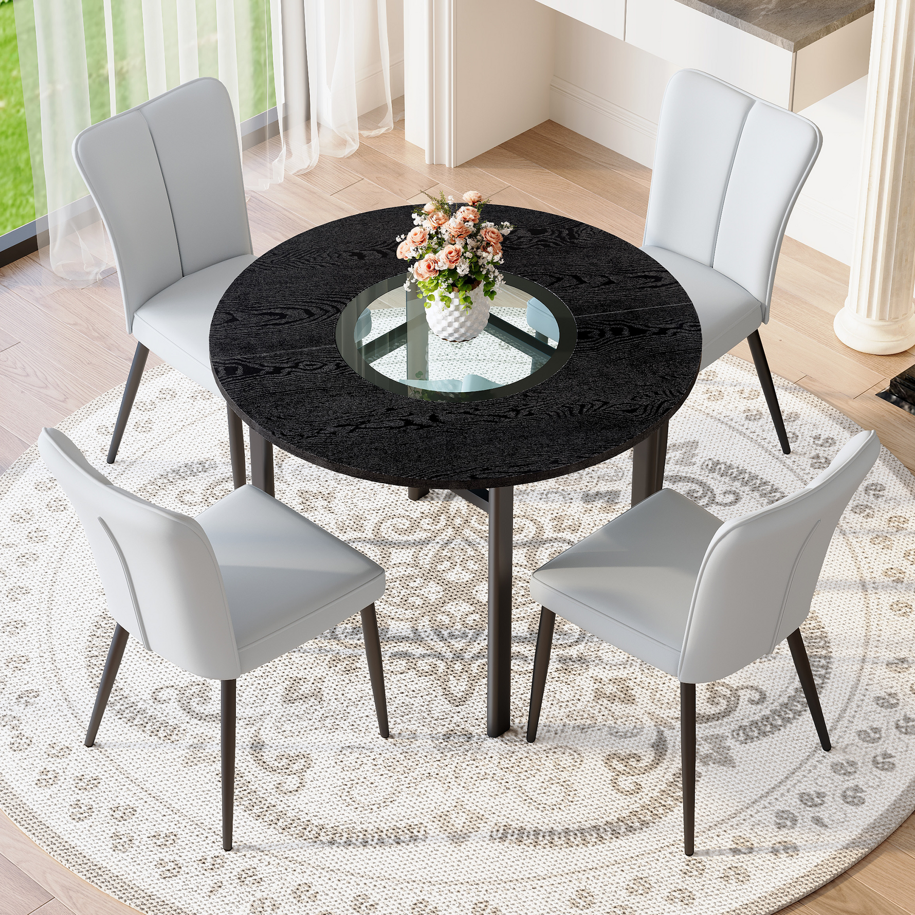Round Table Set Modern Minimalist 100cm 4 Armchairs - Black/Light Grey PU