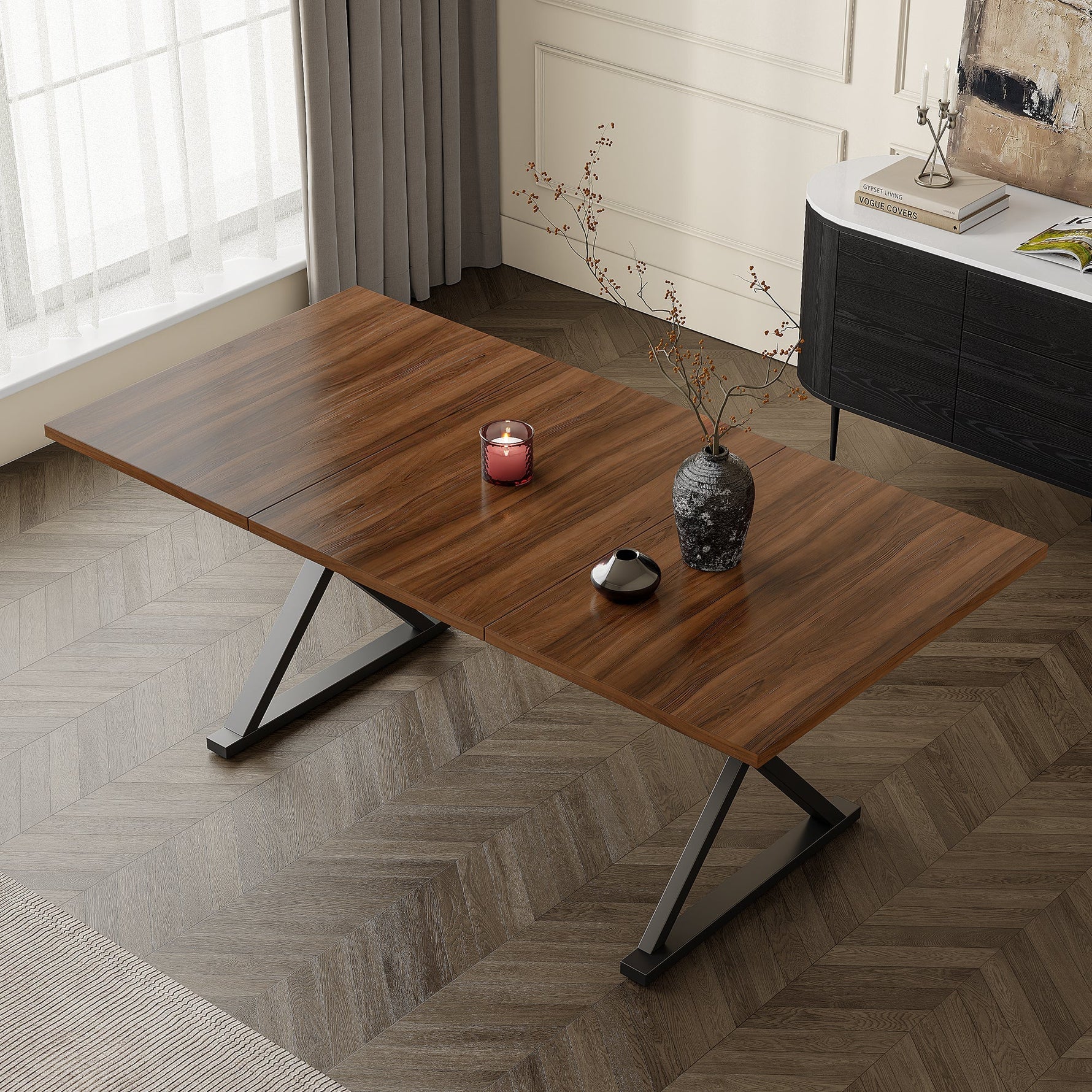 Dining Table, 180x90x75cm Seats 6-8 People Modern Style, Walnut and Black Metal