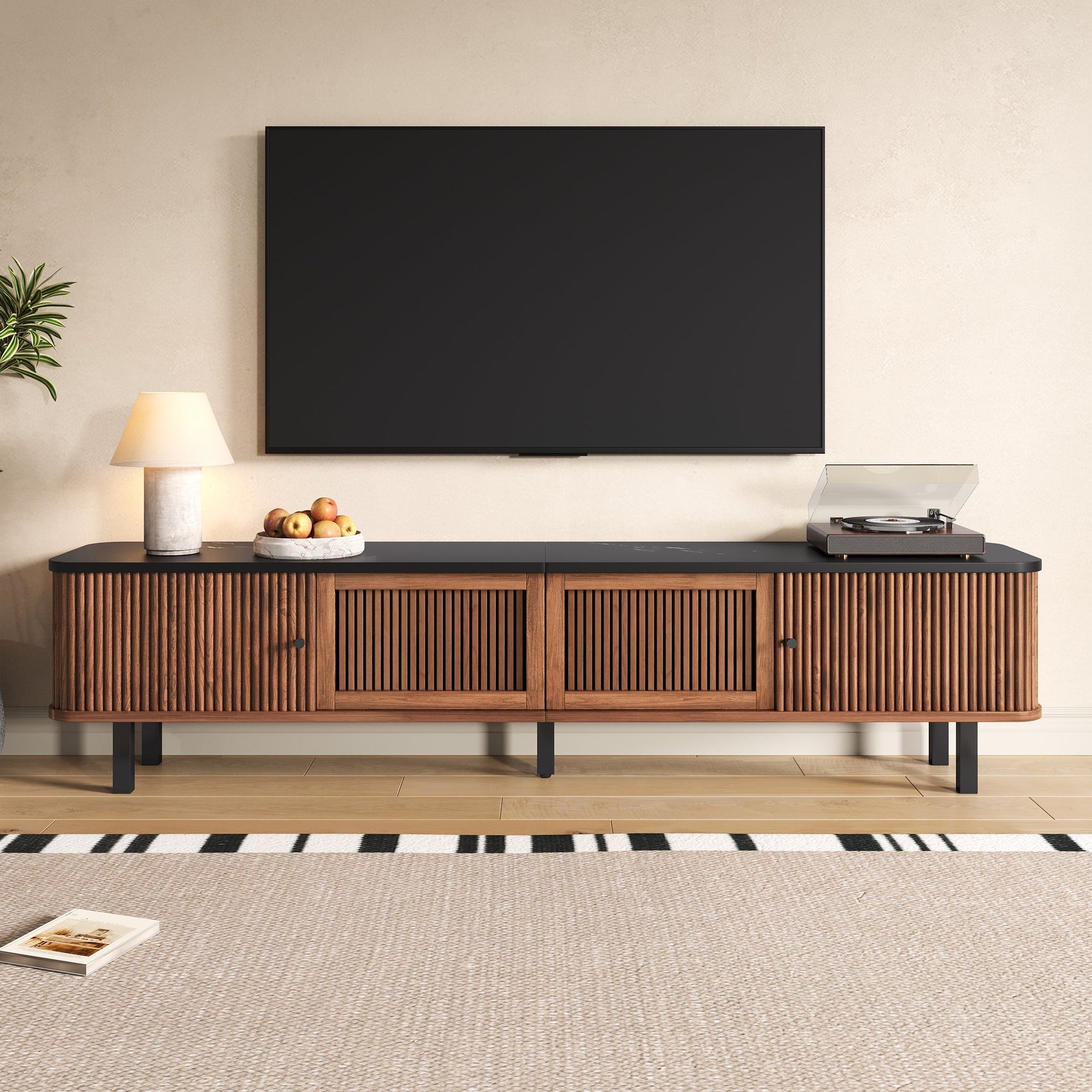 Modern Low TV Cabinet 190cm with Sliding & Mesh Doors