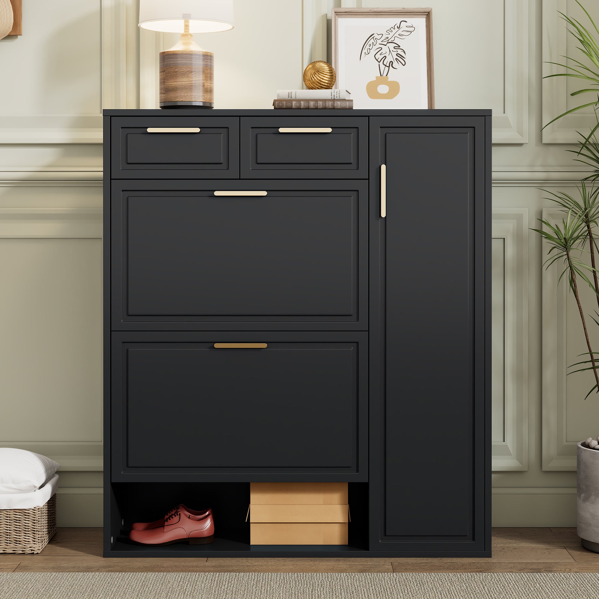 Modern Shoe Cabinet with Adjustable Shelves, Gold Handles, Drawers, Folding Doors, Black