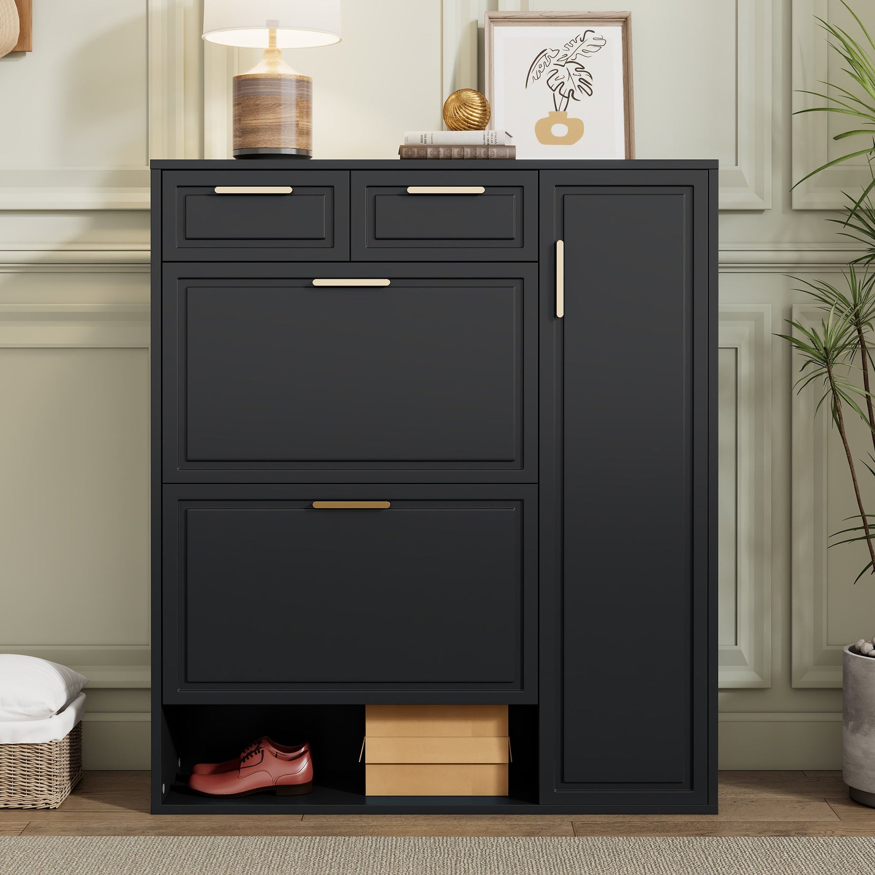 Modern Shoe Cabinet with Adjustable Shelves, Gold Handles, Drawers, Folding Doors, Black