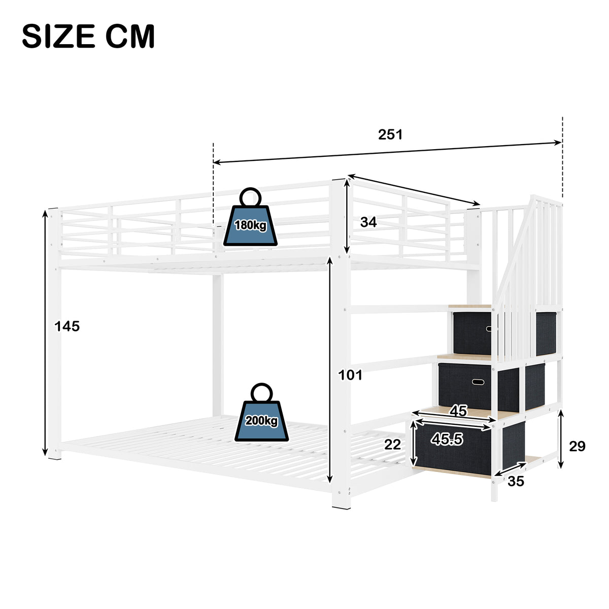 Bunk Bed 140x200 cm with Stairs, Storage & LED Light, White Metal