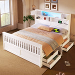 Platform Bed Frame with Storage Shelves, LED, USB and 4 Drawers, 160x200cm, White