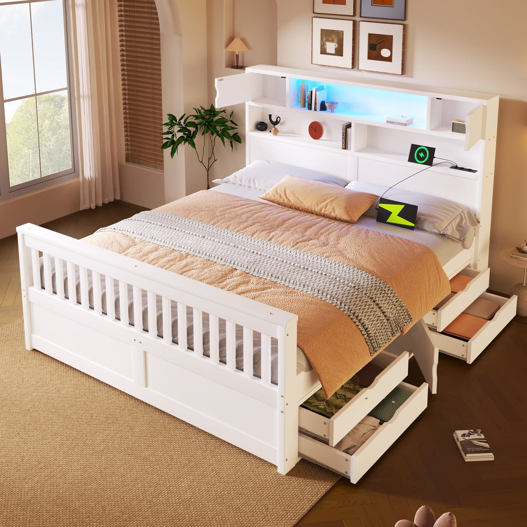 Platform Bed Frame with Storage Shelves, LED, USB and 4 Drawers, 160x200cm, White