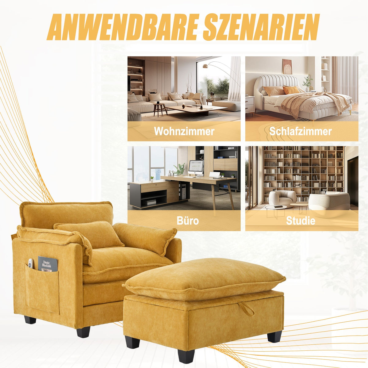 Armchair, Oversized with Footrest & Stool, Velvet