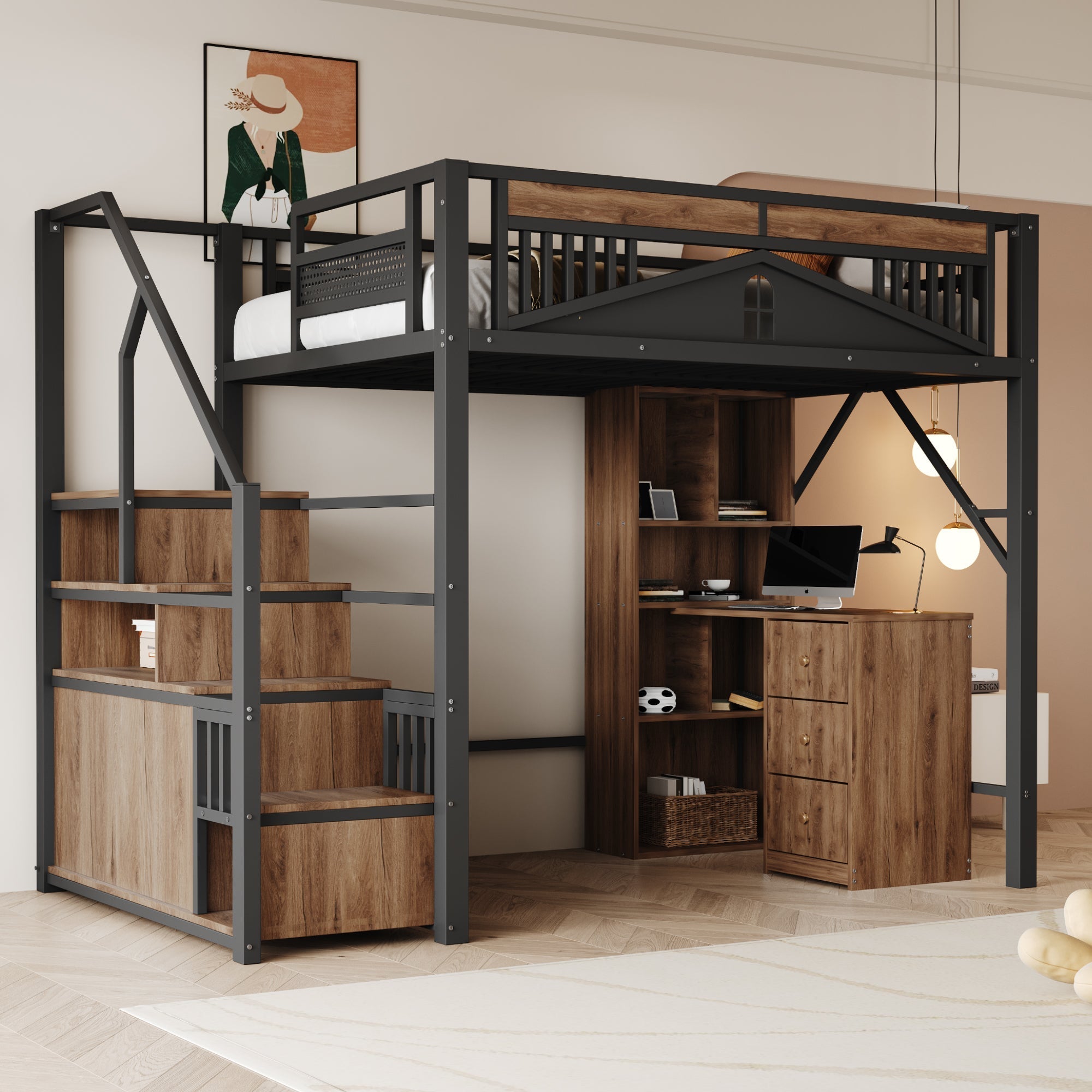 Metal Loft Bed 140x200cm Safety Enclosure with Window Ladder Locker Black