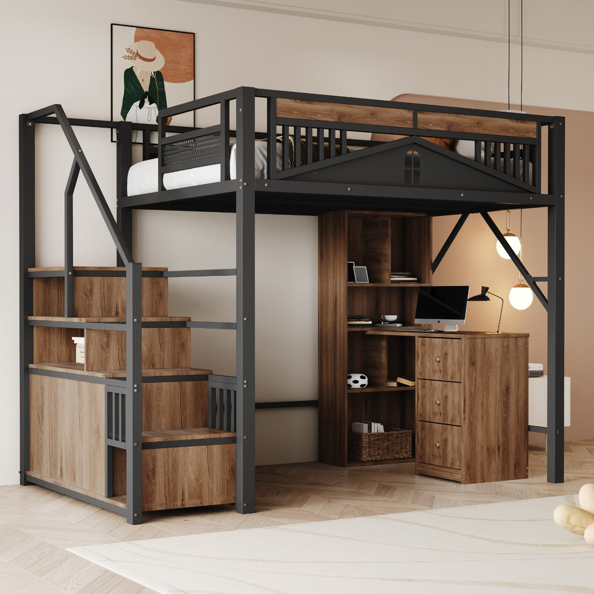 Metal Loft Bed 140x200cm Safety Enclosure with Window Ladder Locker Black