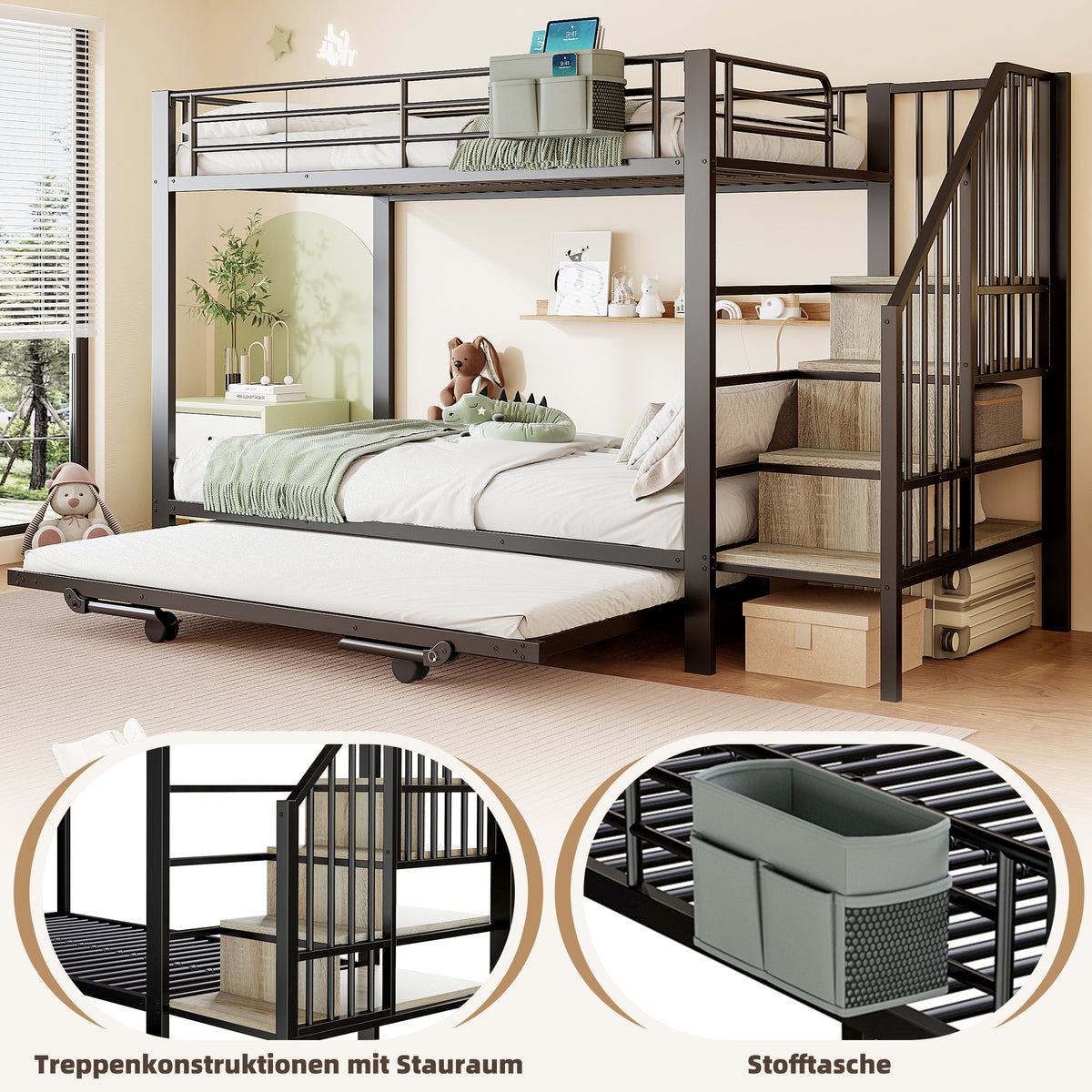 Bunk Bed with Pull-Out Bed & Storage Stairs, Black Iron Frame
