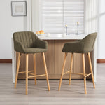Modern European Bar Stools with High Backrest and Armrests, Set of 2, Beige Linen