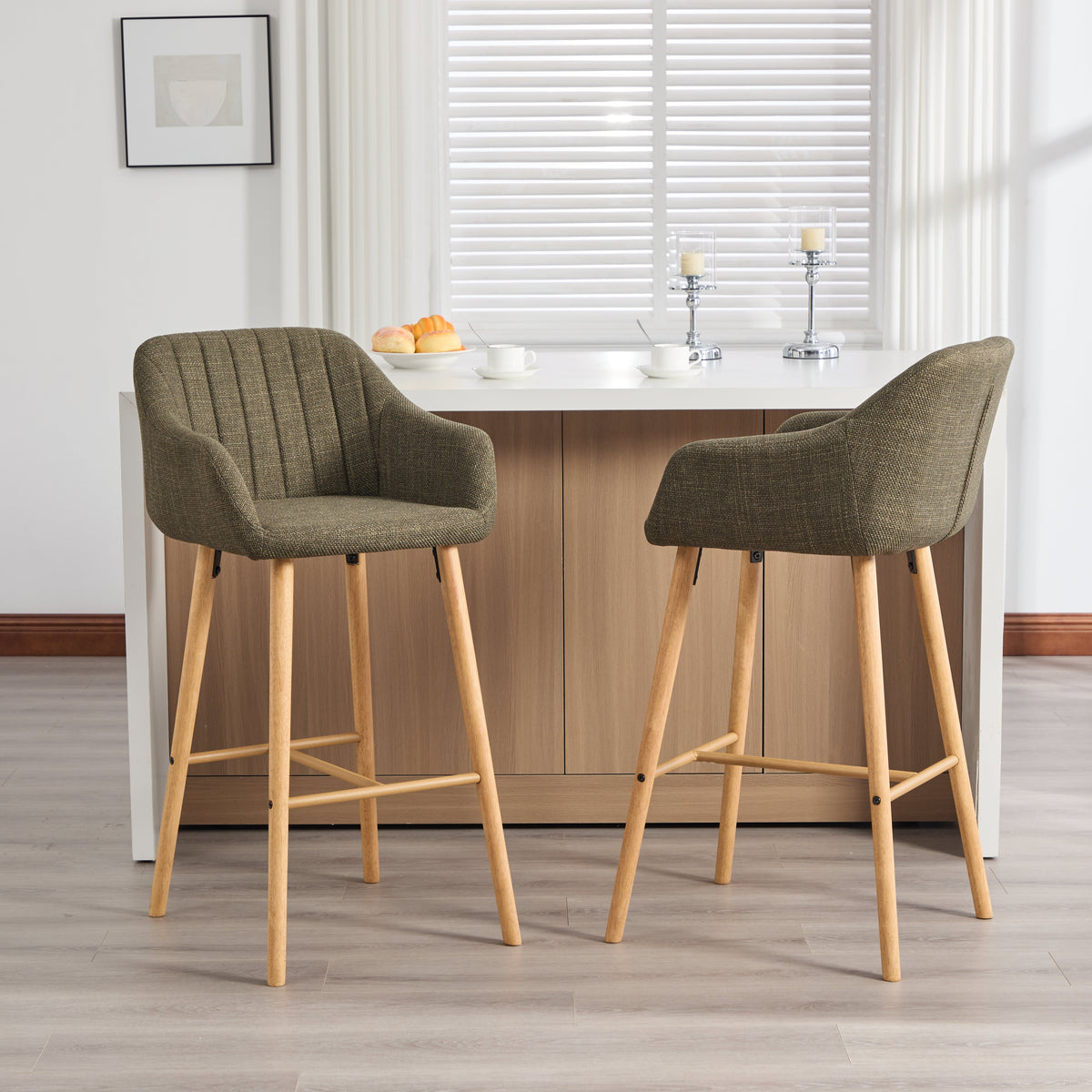 Modern European Bar Stools with High Backrest and Armrests, Set of 2, Beige Linen