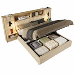 Upholstered Bed 180x200 with Storage, LED & USB, Beige Linen Fabric
