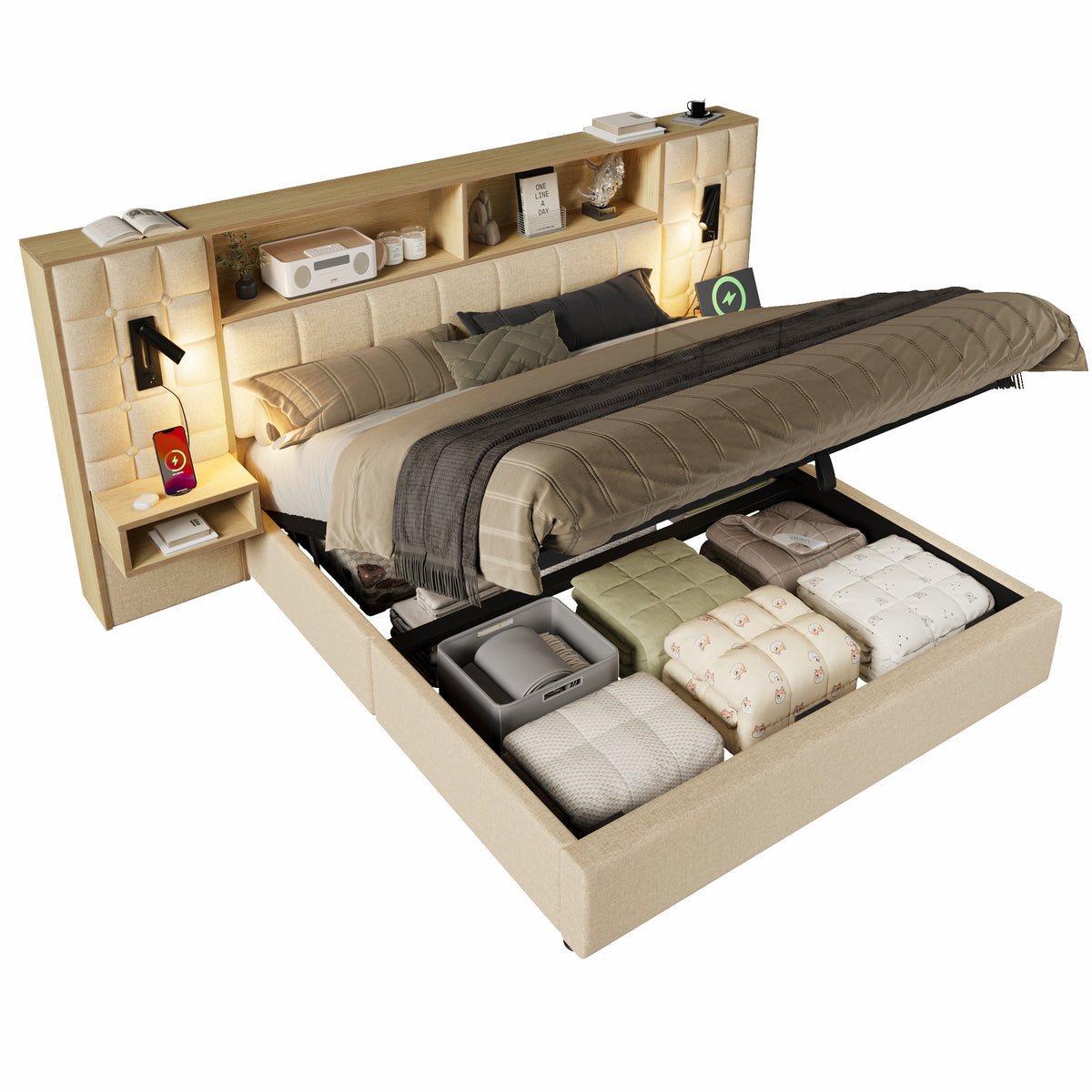 Upholstered Bed 180x200 with Storage, LED & USB, Beige Linen Fabric