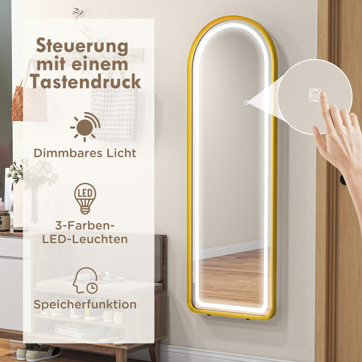 Full-Length Mirror, Dimmable LED, Wall & Standing, Touch Switch, Gold
