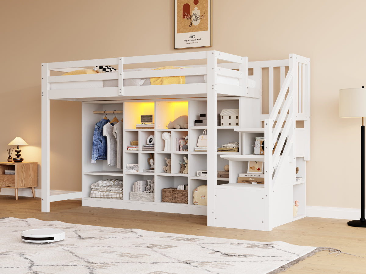 Loft Bed with Wardrobe, Storage Cabinets, LED and Storage Ladder, 90x200cm, White