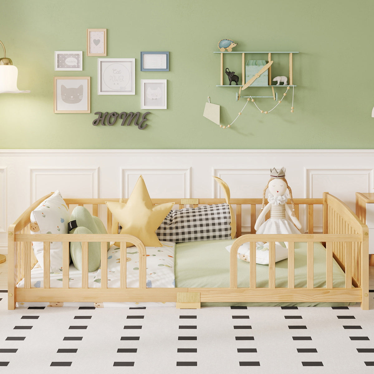 Floor Bed 140x200cm with Safety Railings, Natural Pine Wood