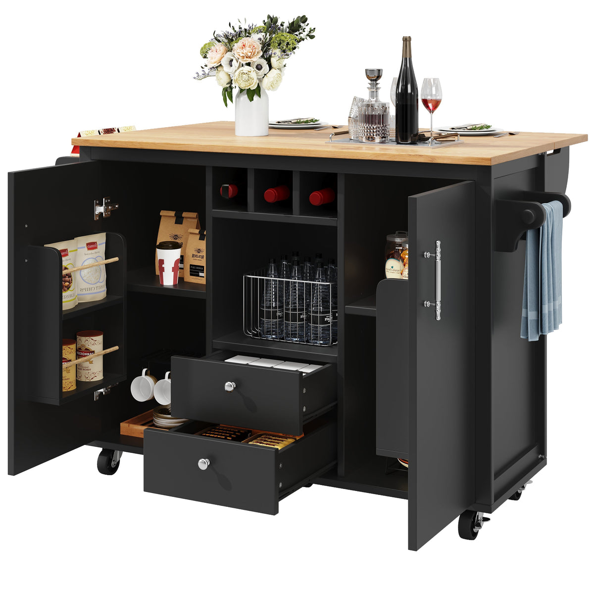 Kitchen Island Trolley 120cm Folding Worktop Wine Rack Adjustable Shelves - White/Black