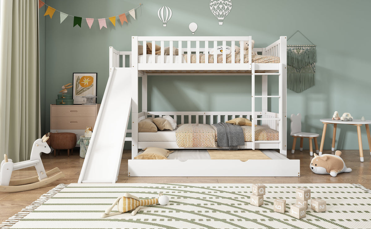 Bunk Bed with Trundle, Slide & Shelves, Pine + MDF White