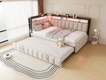 Upholstered Sofa Bed 90x200cm Pull-Out LED Storage USB/Type-C Beige Velvet