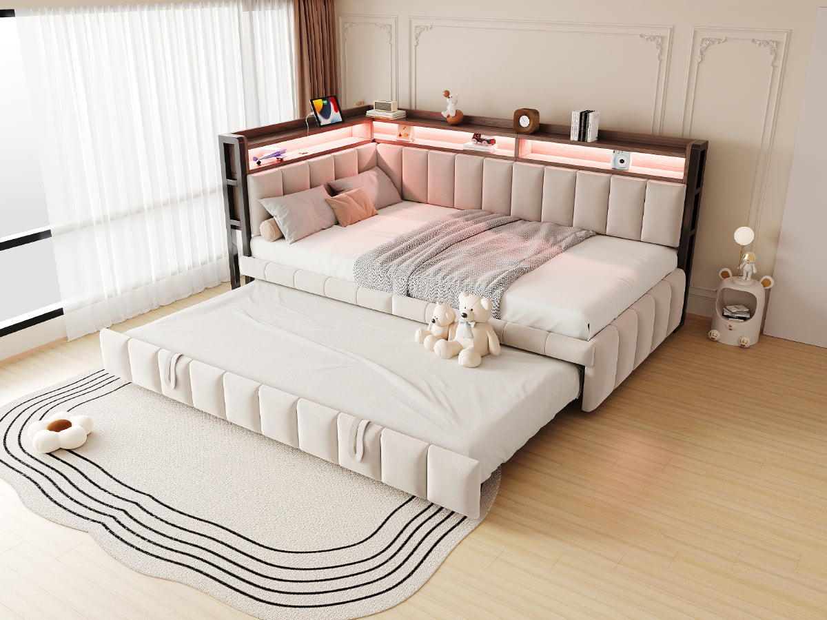 Upholstered Sofa Bed 90x200cm Pull-Out LED Storage USB/Type-C Beige Velvet