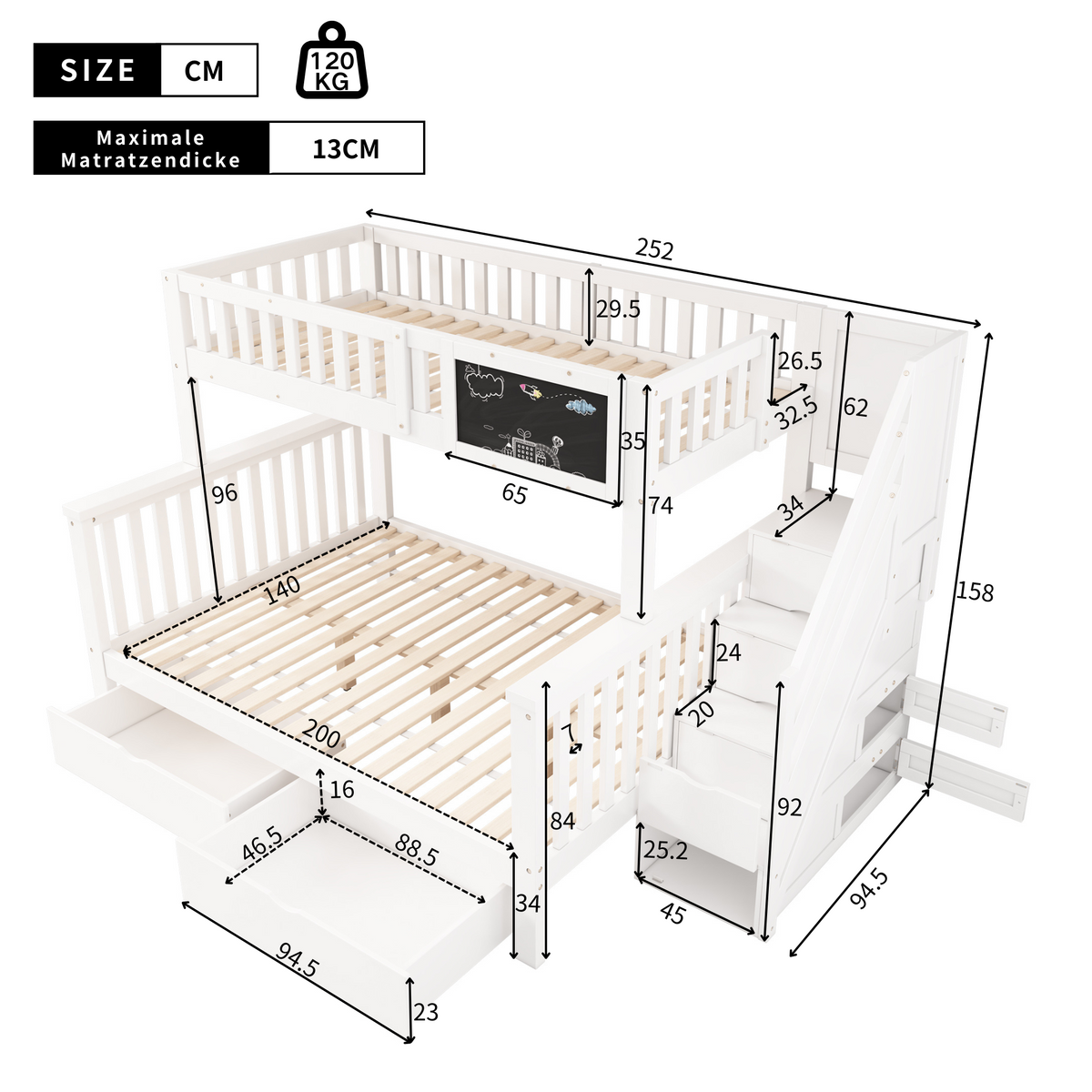 Children's Bunk Bed with Chalkboard and Drawers, 90x200 & 140x200cm, White