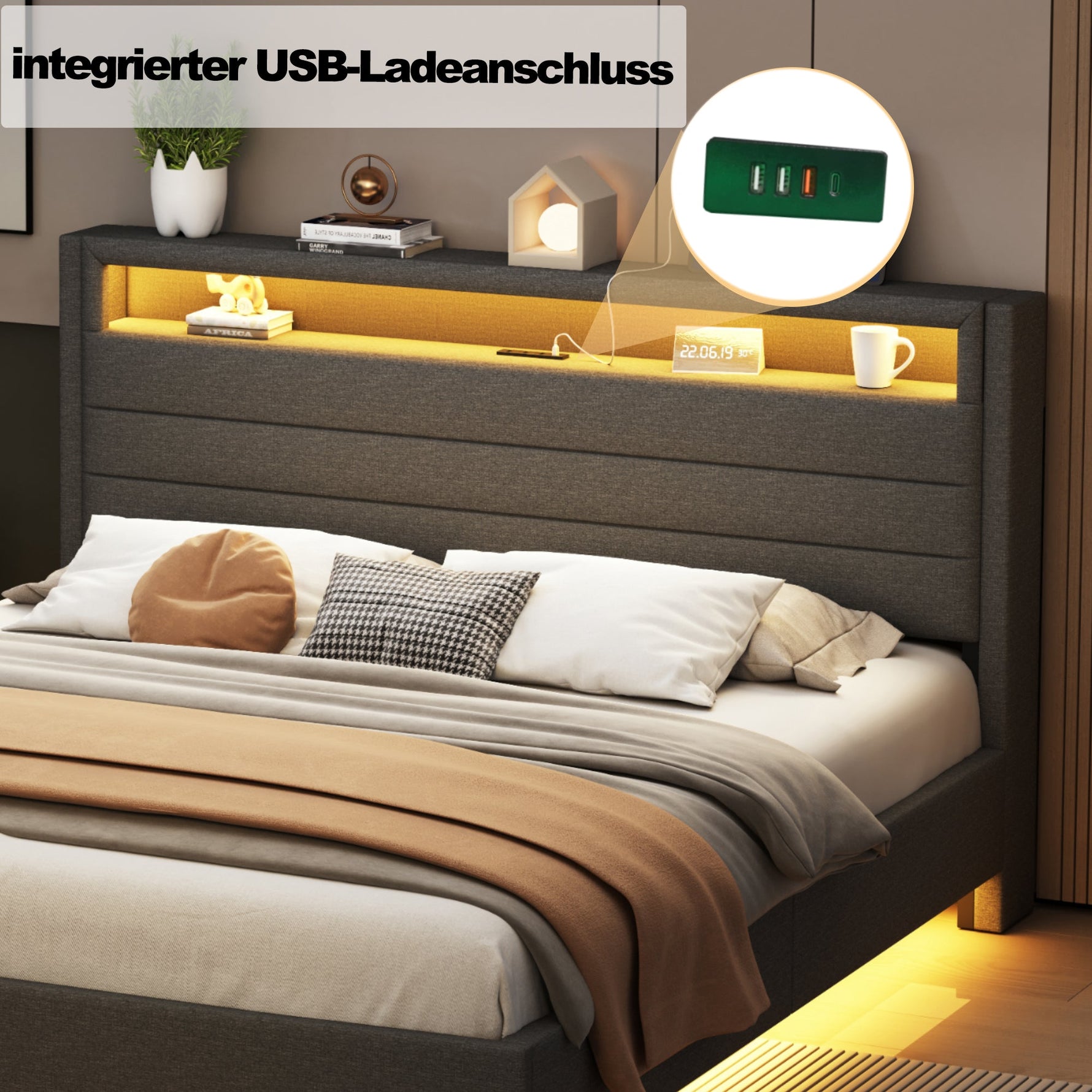 Upholstered Bed with USB Port, LED Lights, Storage Headboard (160x200cm) - Gray Linen