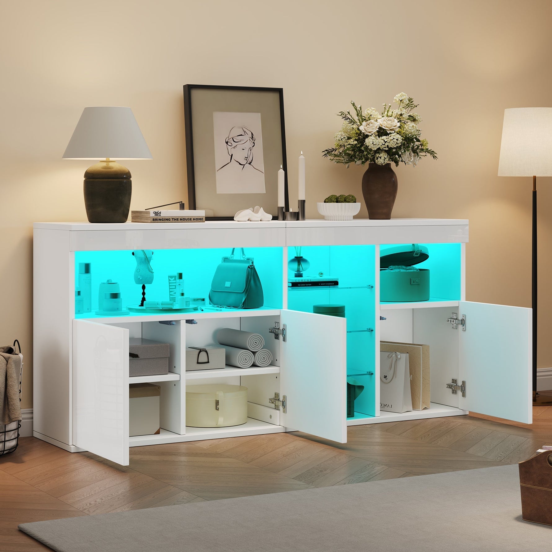 High-Gloss Cabinet 155.5cm LED 3 Doors Glass Partitions - White