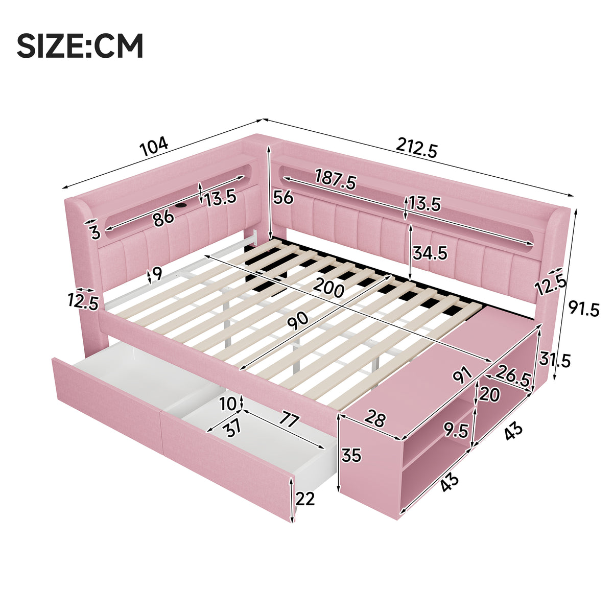 Upholstered Sofa Bed 90x200cm with Drawers & USB, Pink