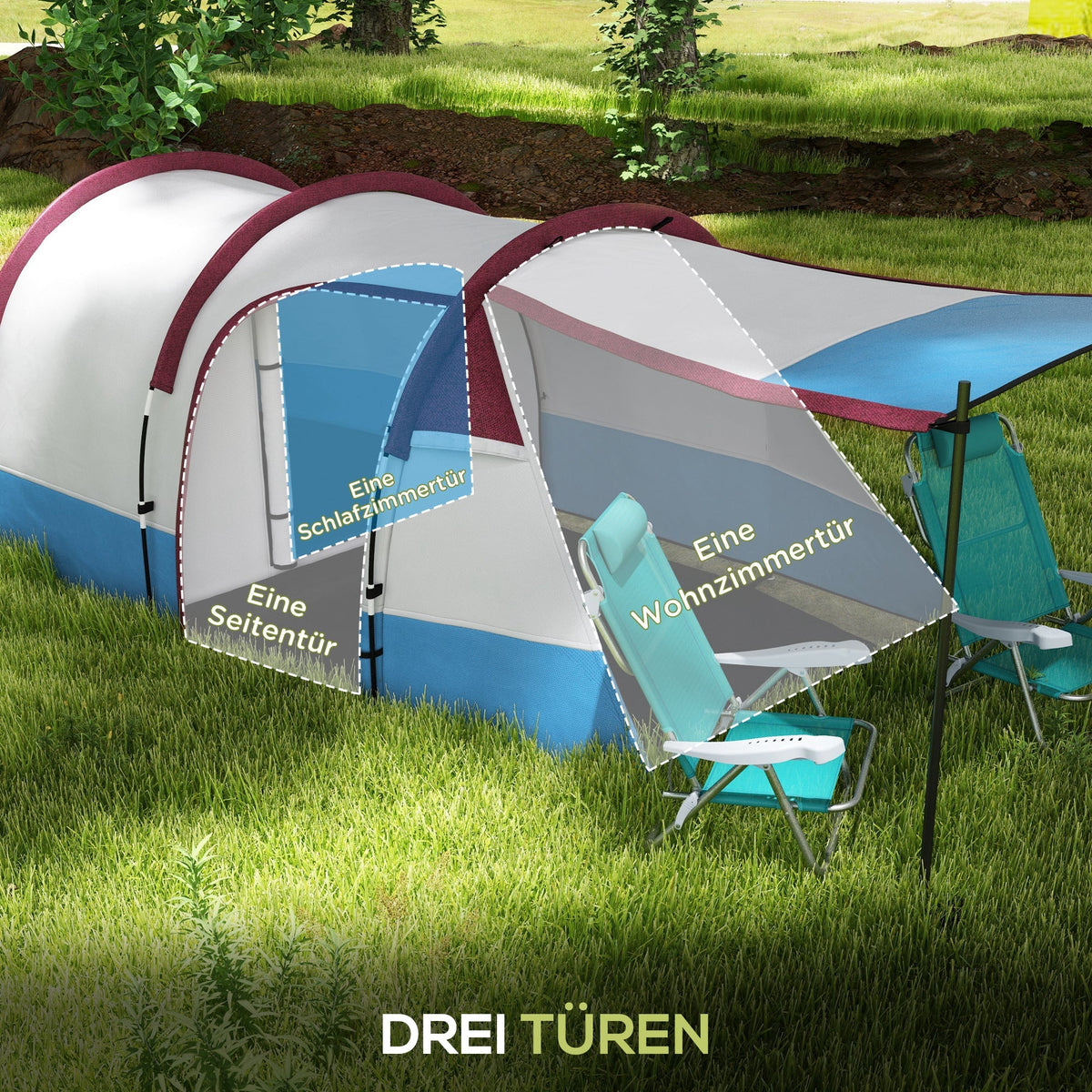Camping Tent, 3 Person Tunnel, Light Hook & 2 Rooms, Red
