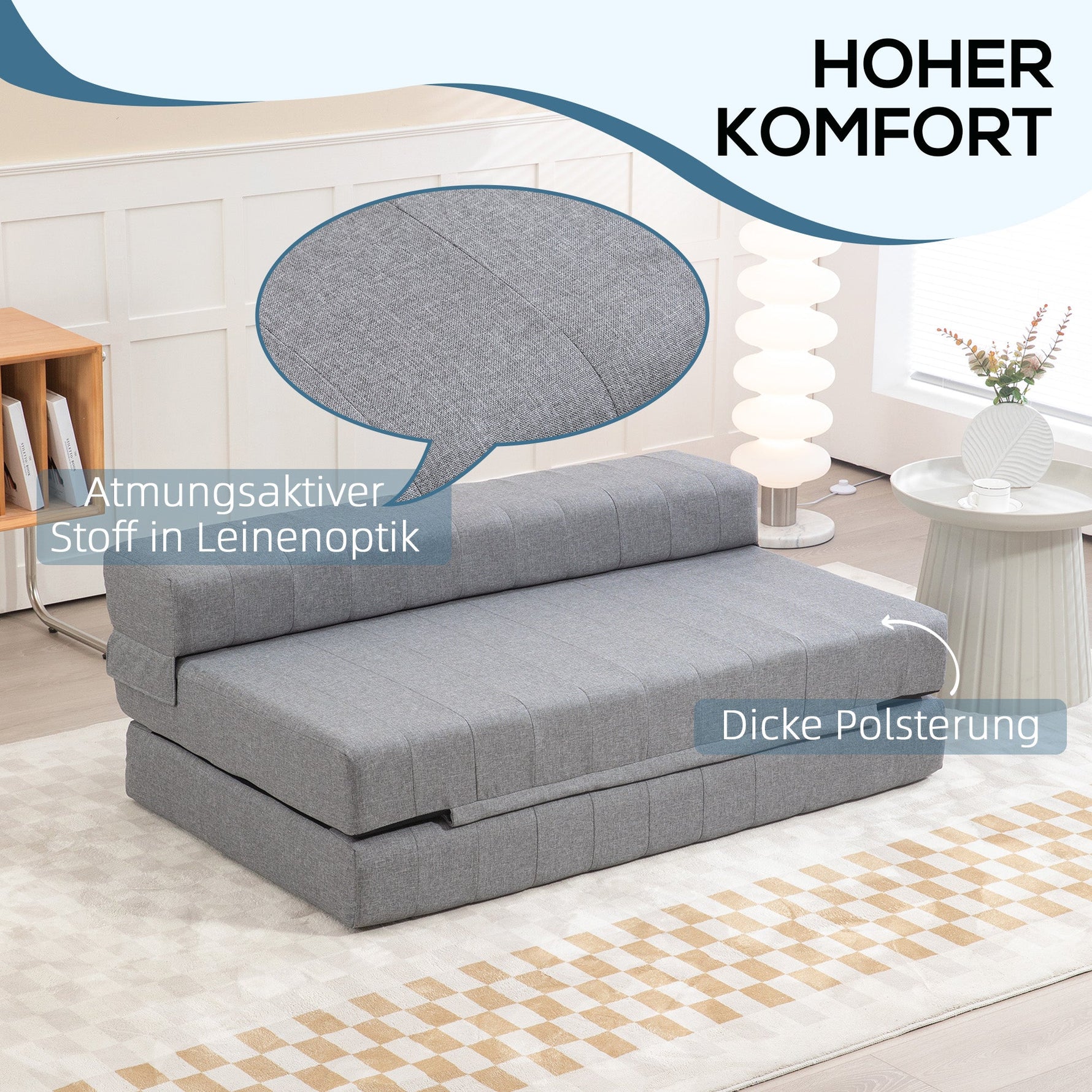 2-in-1 Floor Sofa Bed, Foldable 250 kg Capacity, Linen Look