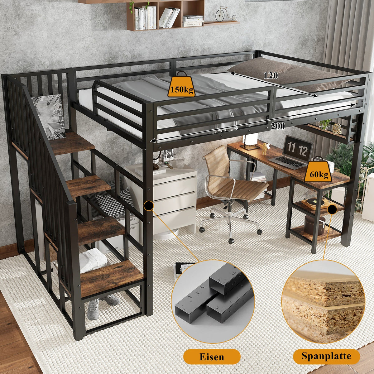Loft Bed with Desk, Storage Stairs, Handrails, 120x200cm, Iron + Chipboard Black