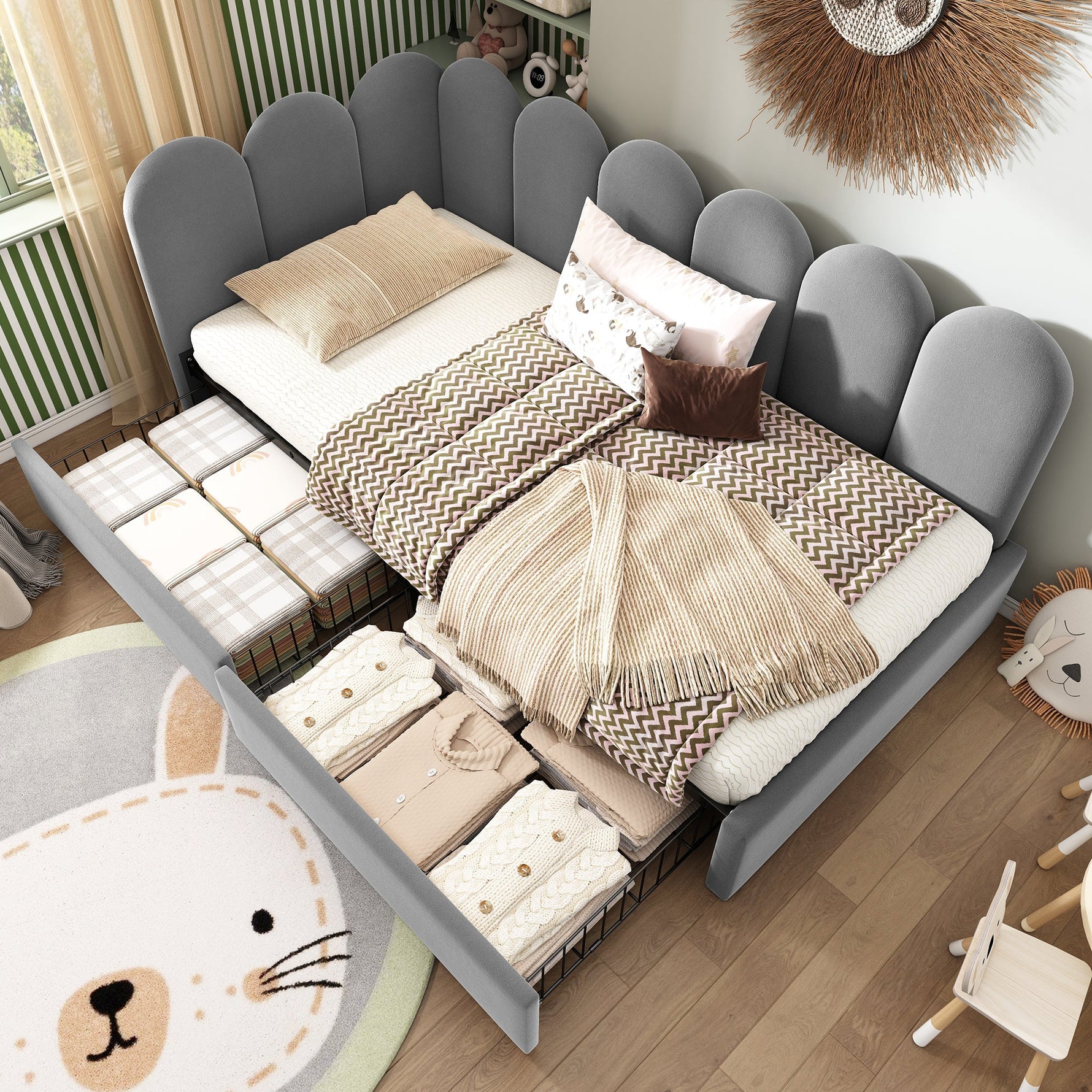 Upholstered Daybed with Drawers and Slatted Frame, 90x200cm, Gray Velvet