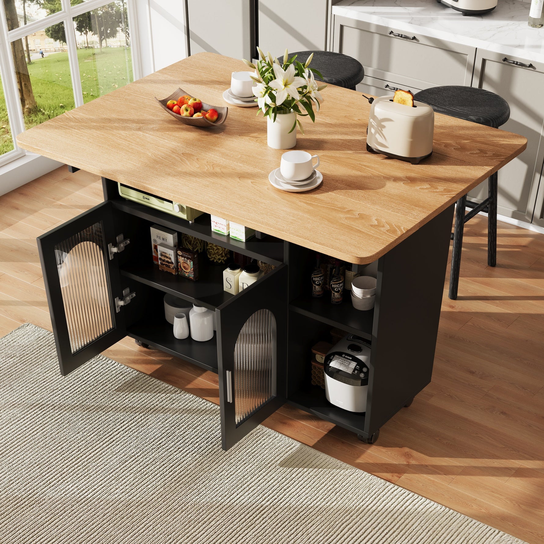 Kitchen Island Dining Cart - Multifunctional Table, Removable Trolley, Storage - Wood Grain Black
