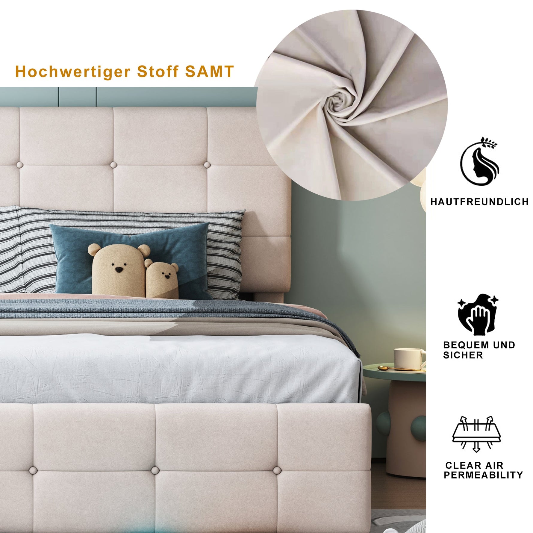 Upholstered Bed 180x200cm, Hydraulic Storage High Box Multifunctional, Beige Velvet