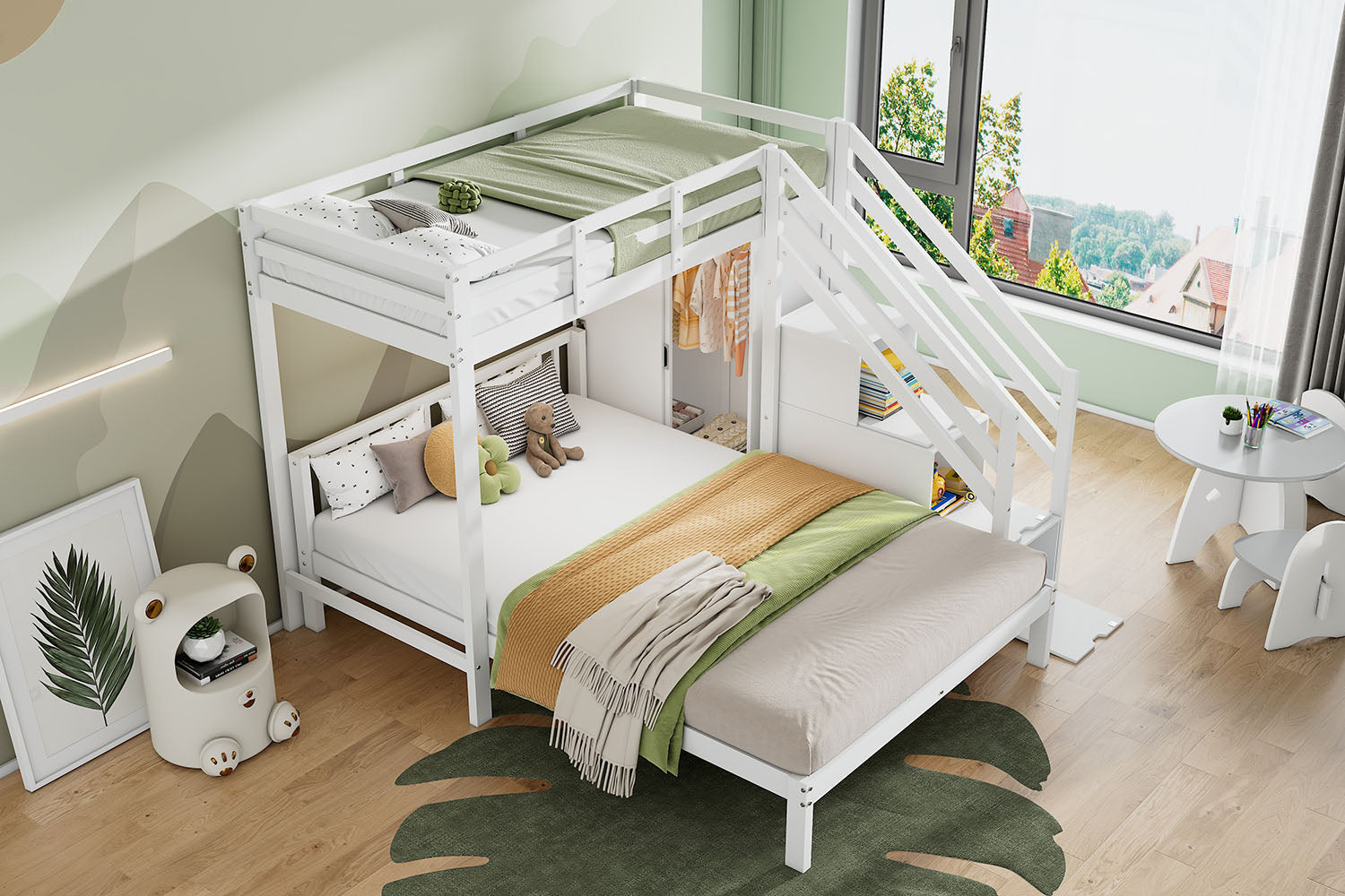 Multifunctional Bunk Bed with Wardrobe and Storage Stairs, 90x200cm and 140x200cm, White Solid Wood and MDF