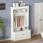 Entryway Cabinet Coat Rack Shoe Bench Storage Adjustable Shelves, White