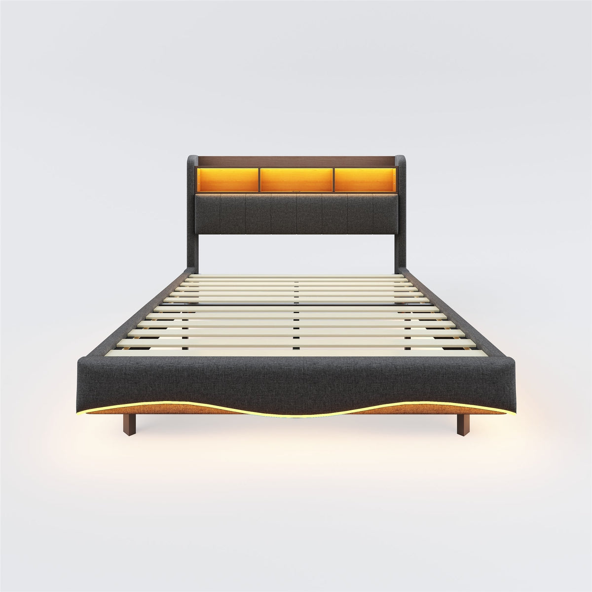Upholstered Bed, 140*200, LED Light, USB/Type-C, Linen Fabric Gray