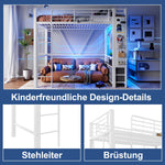 Loft Bed 90x200cm 4 Drawers USB/Type-C LED Pegboard Drying Rack - White Iron Frame