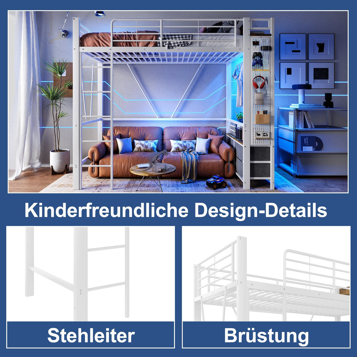 Loft Bed 90x200cm 4 Drawers USB/Type-C LED Pegboard Drying Rack - White Iron Frame